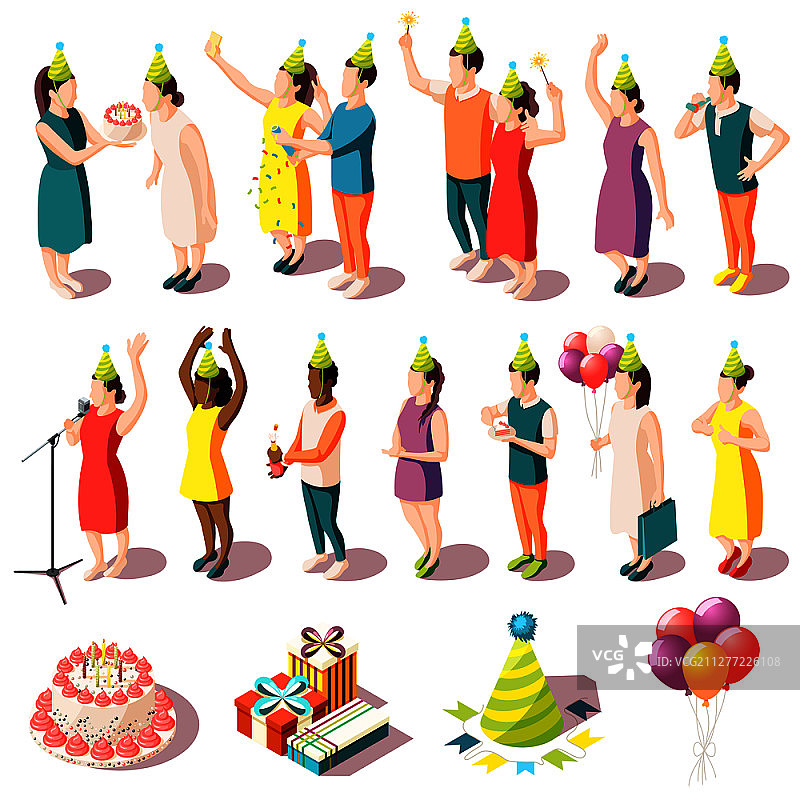 生日派对2.5D图标集：人物与节日服装、派对用品图片素材