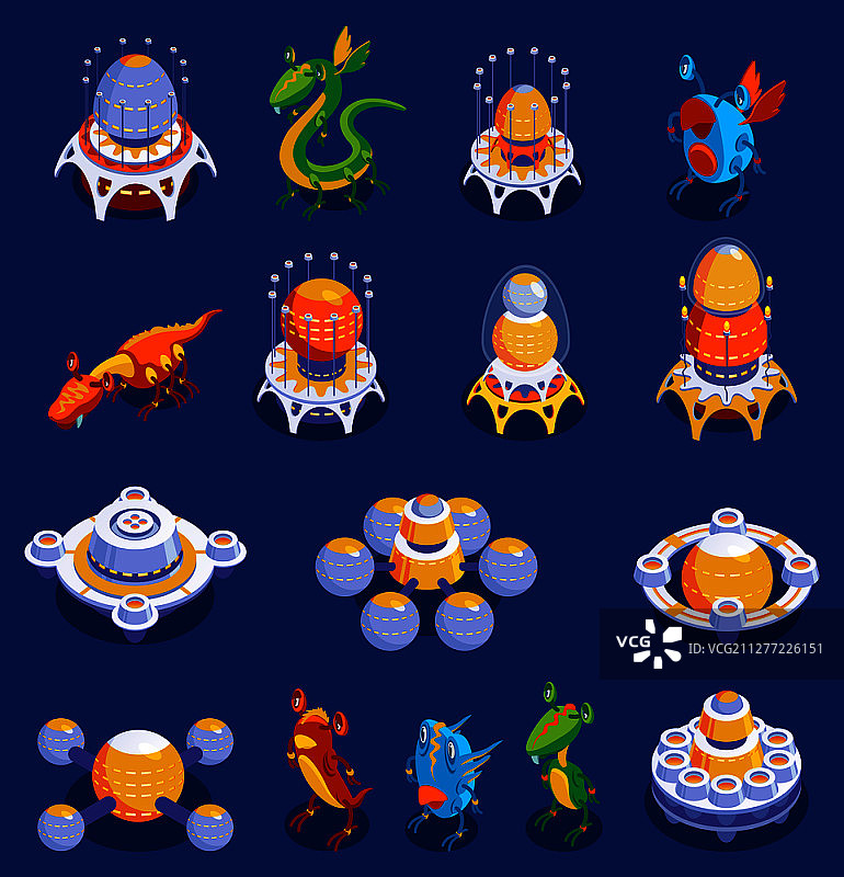 可爱的怪物和外星生物以及星际飞机的彩色卡通套装，用于儿童游戏矢量插图图片素材