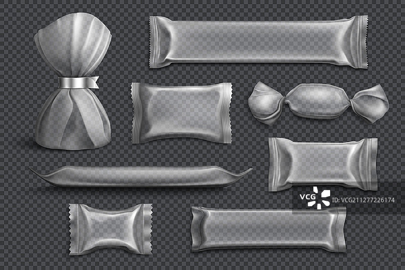 糖果包装用品产品空白模型样品集合，透明背景上的箔纸包装逼真矢量图图片素材