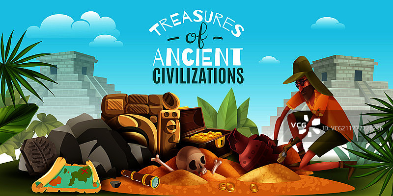 考古学横版构图：考古学家挖掘文物矢量素材图片素材