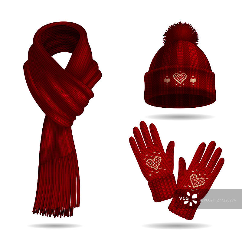 逼真的冬季红色针织品套装，包含帽子和手套的矢量素材图片素材