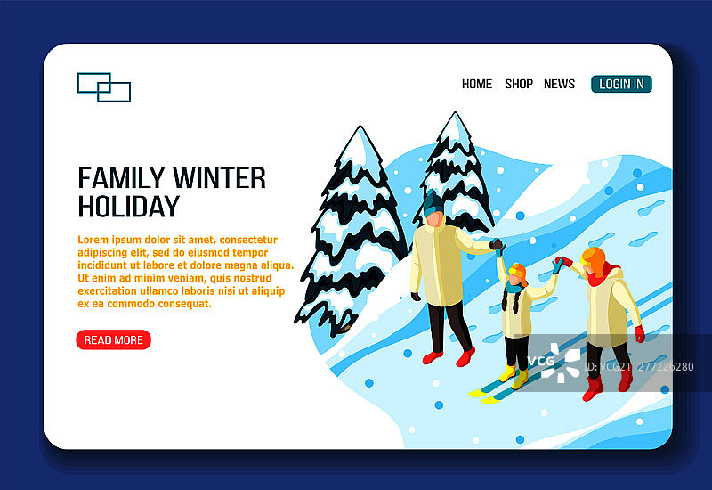 冬季假期滑雪的家庭（等距网页登录页面矢量图）图片素材