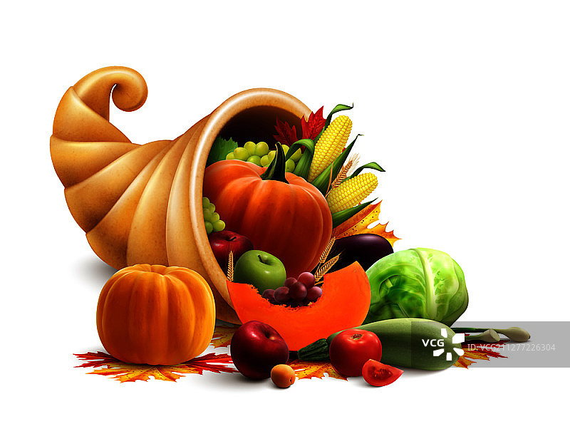 感恩节丰收角设计概念，聚宝盆装满蔬菜和水果图片素材