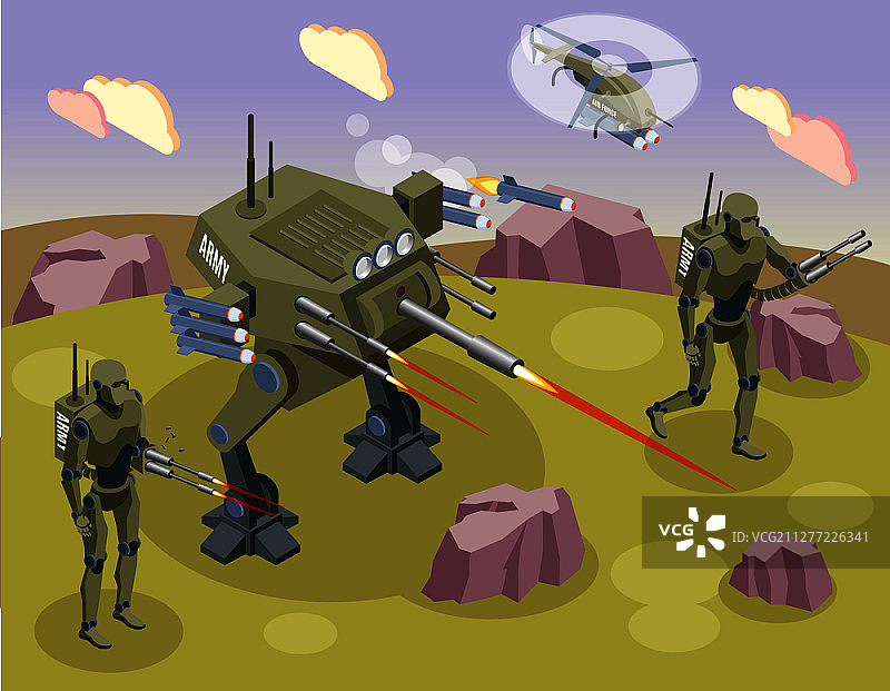 等距军事机器人背景，战斗士兵和机器人在战场上矢量图图片素材