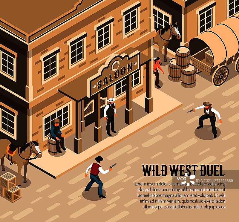 在酒吧入口附近决斗的美国西部牛仔与手枪等距矢量图图片素材