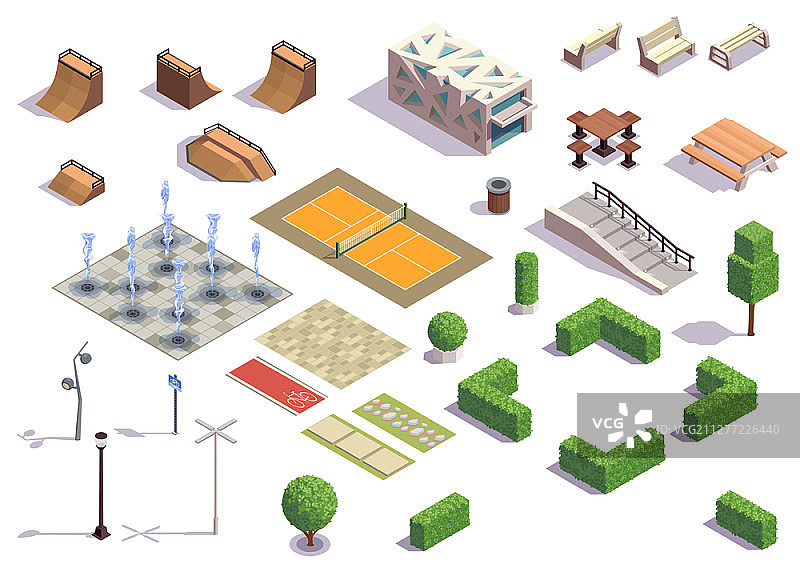 现代城市公园等距设施：休闲、滑板、自行车、网球、长椅、灯笼、喷泉和植物矢量图图片素材