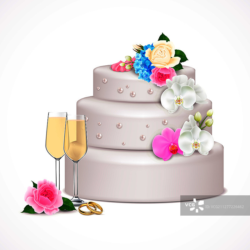 鲜花香槟装饰的时尚婚礼蛋糕矢量图图片素材