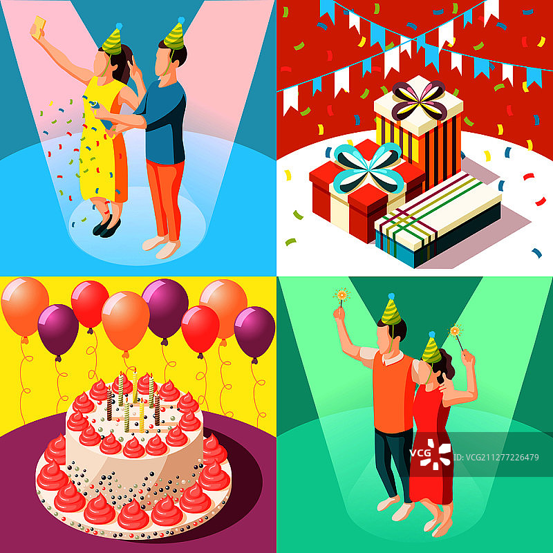生日派对气球礼物蛋糕2.5D设计概念图片素材