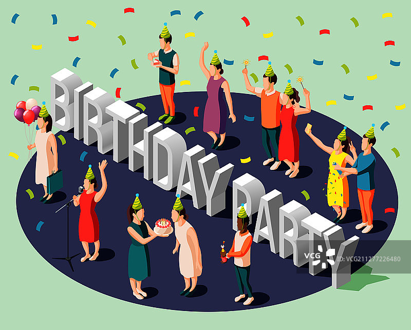 等距生日派对设计理念，快乐的人们站在大的标题字母周围矢量插图图片素材