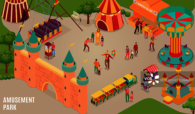 包含马戏团、旋转木马和射击场的游乐园2.5D插画图片素材