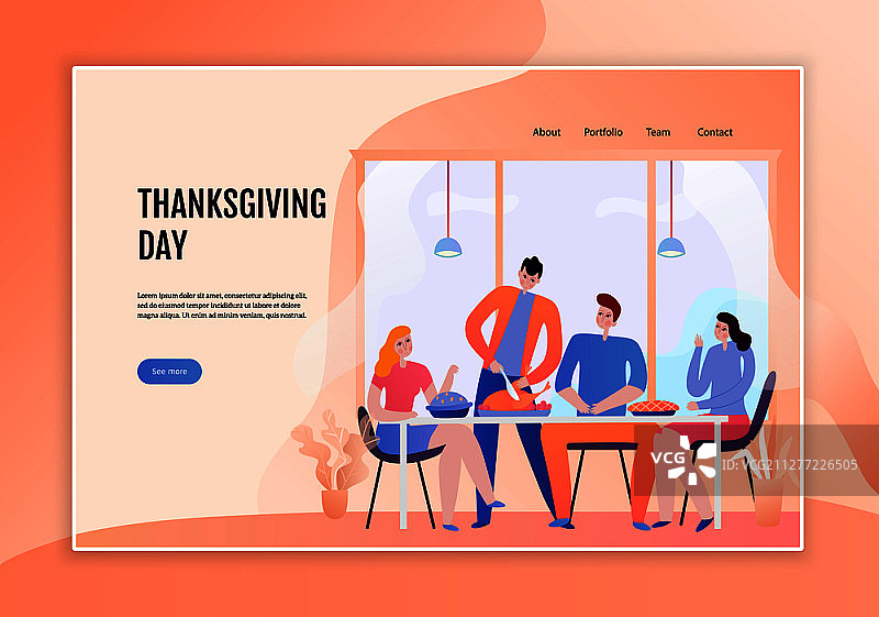 感恩节餐桌旁的年轻人，网页横幅扁平矢量插画图片素材
