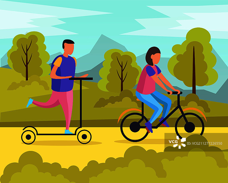 周末休闲：公园骑行的男女扁平风插画图片素材