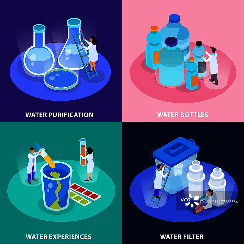 水净化等距图标集：包含水瓶体验和过滤器描述矢量图图片素材