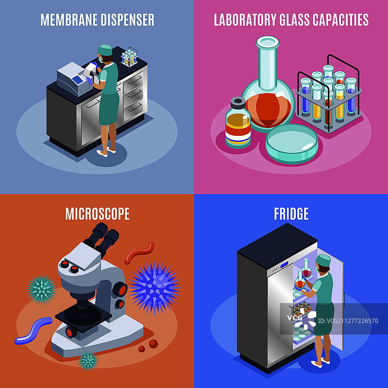 四个2.5D等距微生物学图标，带膜分配器图片素材