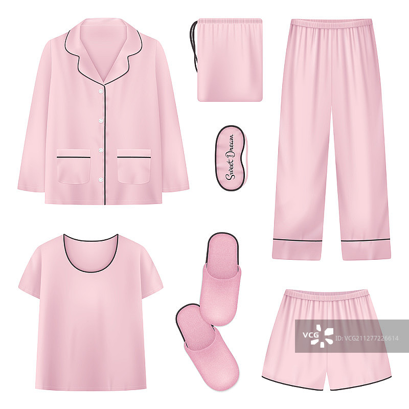 粉色隔离逼真睡衣家居拖鞋睡眠时间图标集，含衬衫、拖鞋、裤子矢量插图图片素材