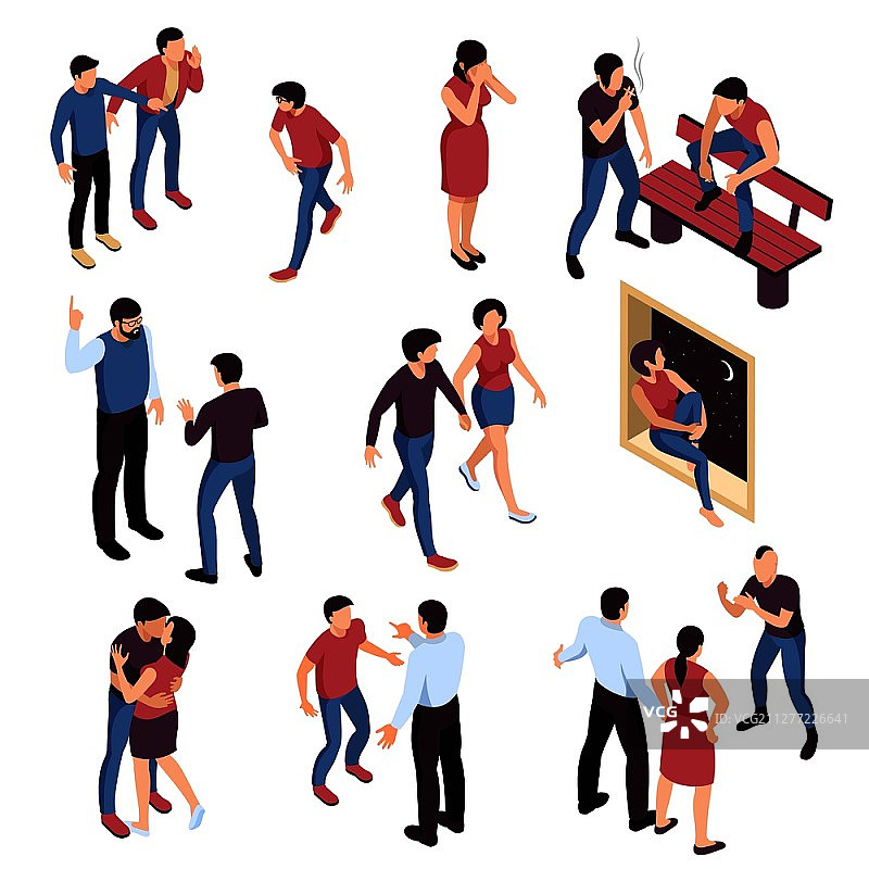 2.5D青少年问题等距插画：霸凌、孤独、恋爱、吸烟及父母误解图片素材