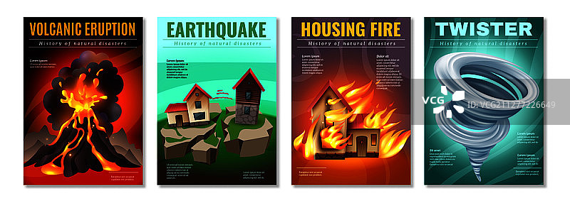 自然灾害四色海报集：地震、房屋火灾、龙卷风、火山爆发独立矢量图图片素材