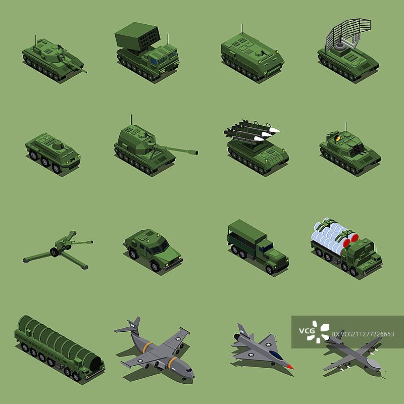 2.5D军事车辆等距组合：坦克、火炮、火箭发射器、喷气战斗机、自行榴弹炮图片素材