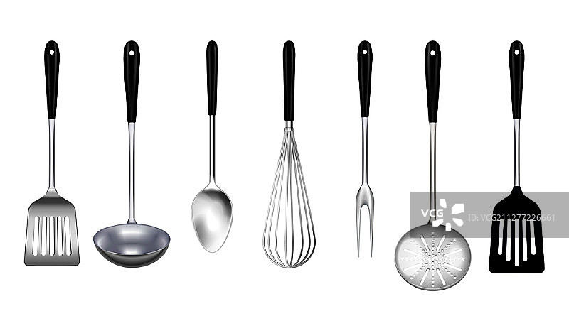 厨房不锈钢炊具写实套装矢量图（含烹饪叉、漏铲、滤勺、汤勺、打蛋器）图片素材