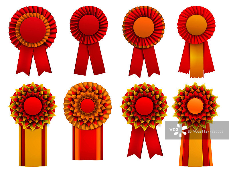 红色金黄色装饰奖章圆形玫瑰花饰徽章领针与逼真彩带矢量图图片素材