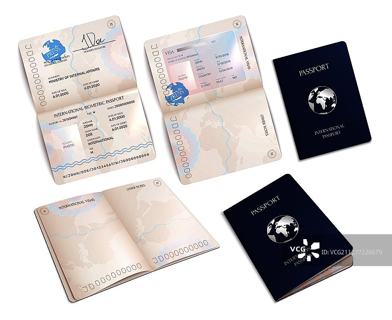 开启和关闭状态的生物识别国际护照模型矢量图图片素材
