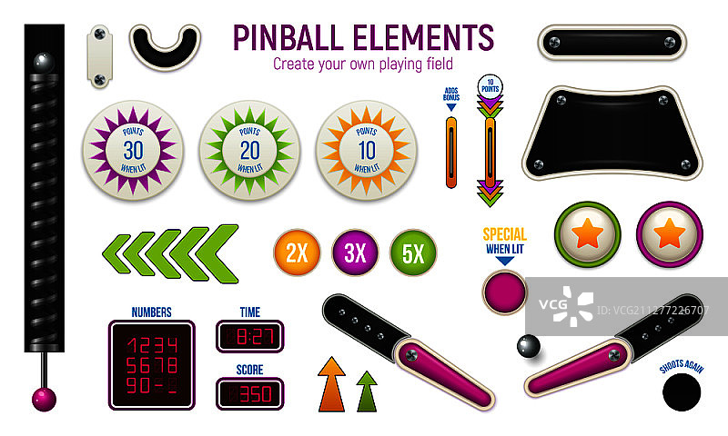 具有不同元素甲板的彩色弹球水平图标集矢量图图片素材