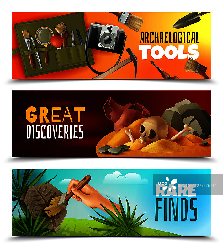 三张横向考古banner，卡通风格图像和彩色景观，带可编辑文本的矢量插图图片素材