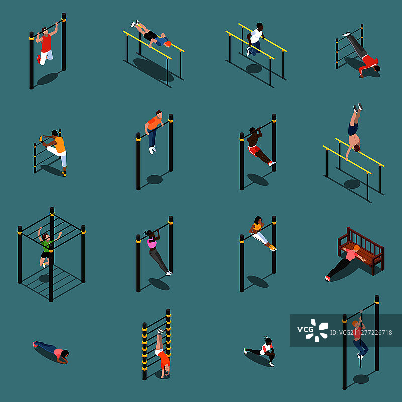在运动器材上进行热身和锻炼等距图标矢量图图片素材