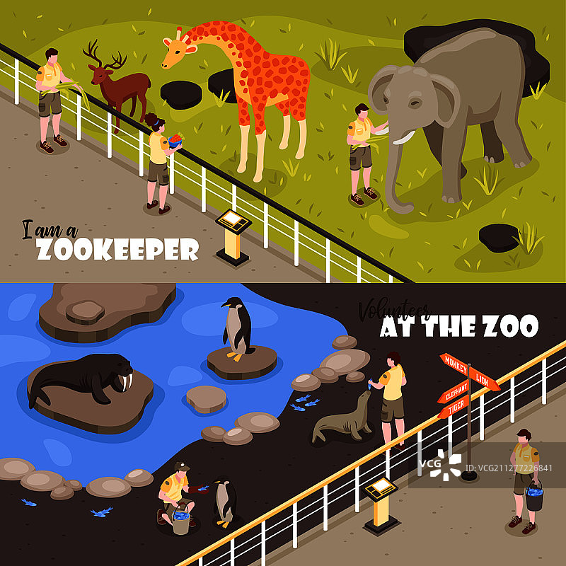 2.5D动物园工作人员横幅套装：动物围栏景观和文本矢量图图片素材