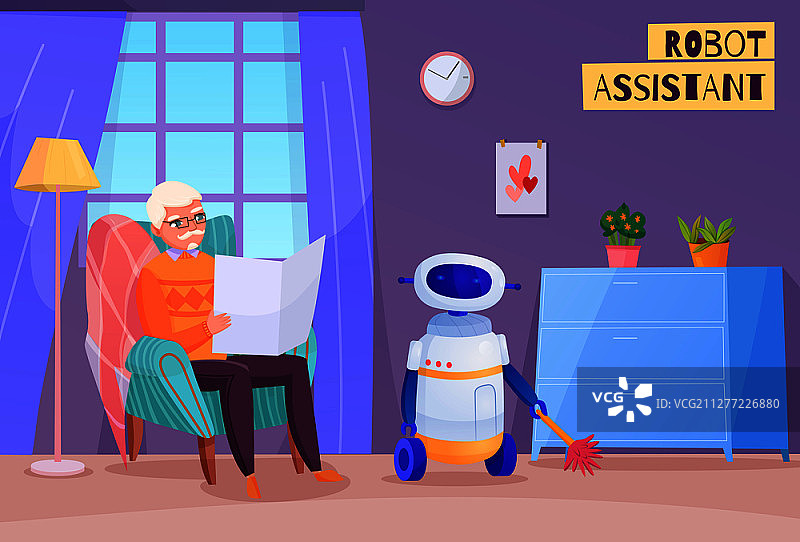 老人在椅子上看书，机器人助手在家中图片素材