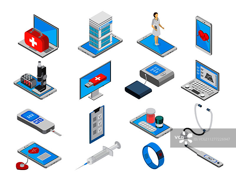 移动医疗2.5D图标集：包含治疗相关元素，矢量素材图片素材