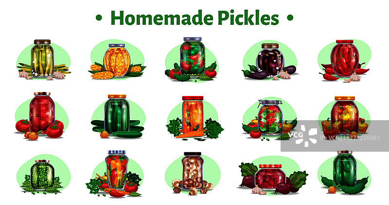 腌黄瓜水平套装，包含十五张独立的玻璃罐装腌制蔬菜和成熟水果矢量图图片素材