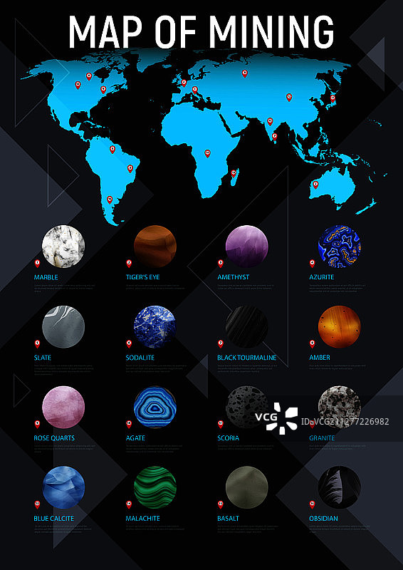 逼真的石材地图采矿海报，带有采矿标题地图和不同的圆形石材图标集矢量图图片素材