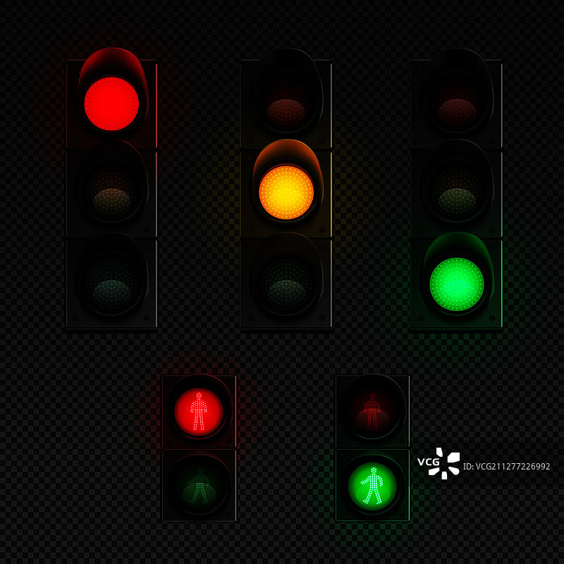 逼真的交通灯透明图标集，含行人和各种矢量图图片素材
