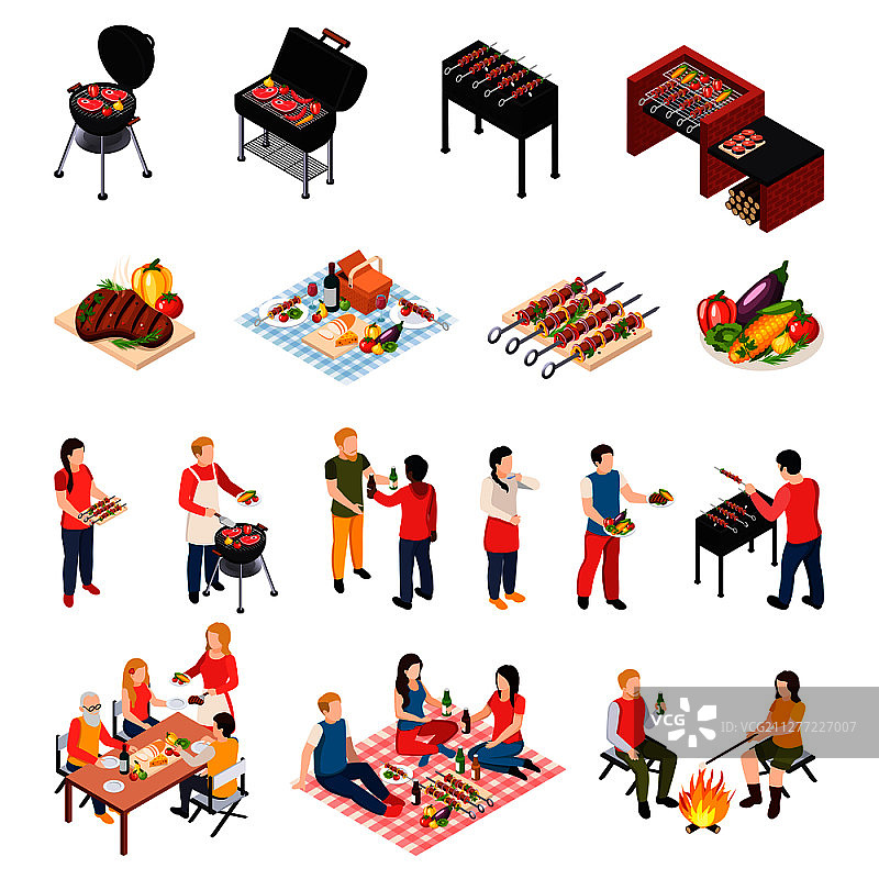 2.5D烧烤野餐场景图标，包含餐桌和烧烤设备图片素材