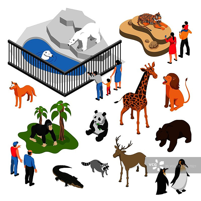 2.5D动物园游览场景组合，动物与人群，矢量图片素材
