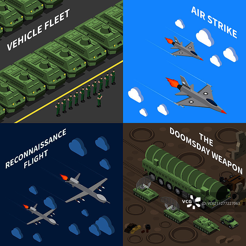 2x2军用车辆设计概念集：车队侦察飞行空袭末日武器方形图标2.5D矢量图图片素材