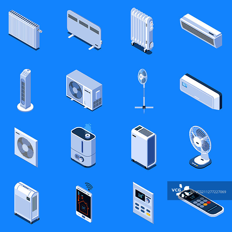 家用气候控制2.5D图标，含落地扇、台扇、塔扇、空调、热风幕、电暖器和油汀矢量图图片素材