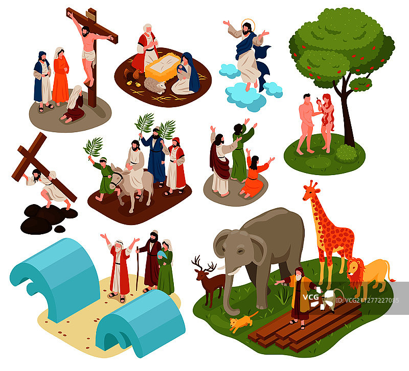 2.5D圣经故事：诺亚与动物、亚当夏娃、耶稣基督矢量插图图片素材