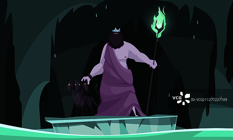 古希腊冥界之王哈迪斯卡通插画（带三头犬）图片素材