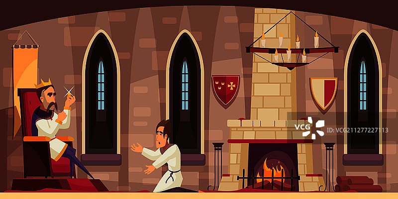 中世纪城堡大厅内景，国王坐在王位上拿着偷来的宝藏，跪着的仆人卡通矢量插图图片素材