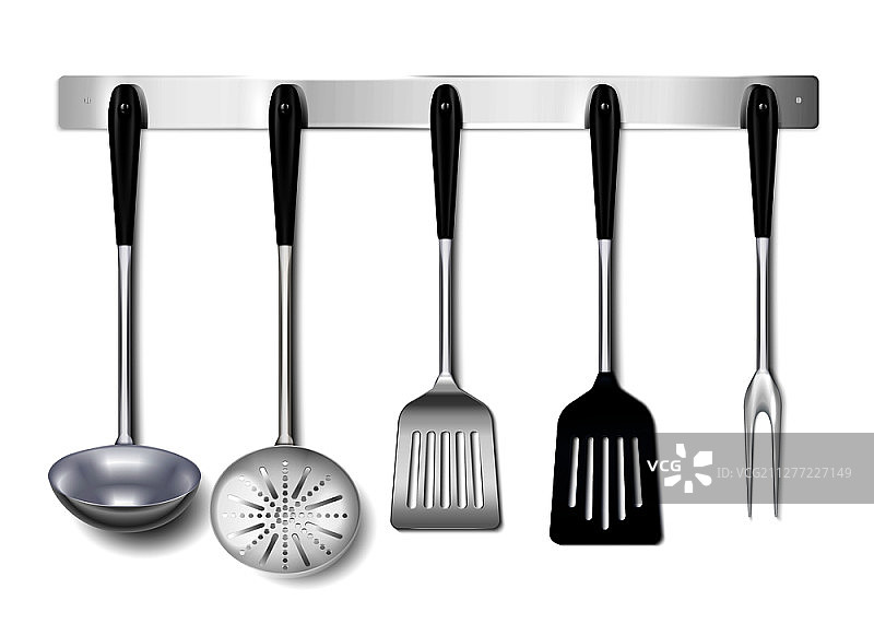 金属挂架上的厨房用具特写逼真图片，含长柄勺、铲子、撇沫器、烹饪叉矢量插画图片素材