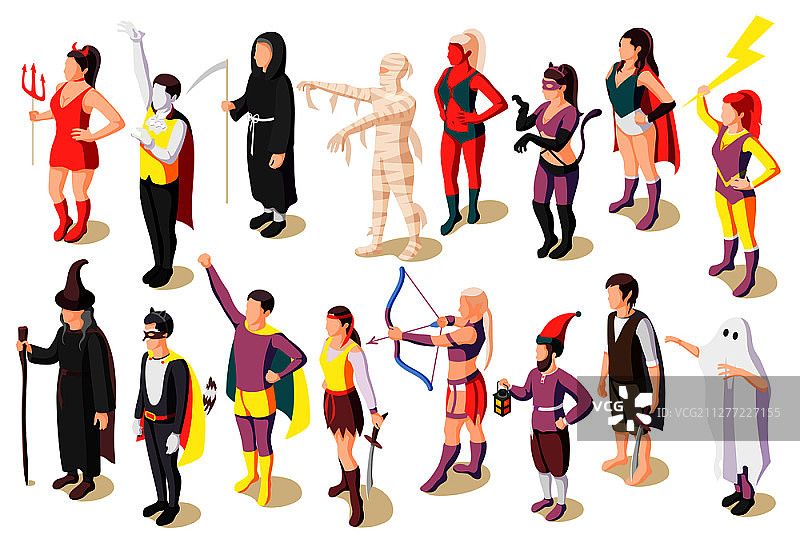 等距视角化装舞会图标集，人们穿着木乃伊圣人恶魔幽灵超级英雄海盗侏儒的服装，独立矢量图图片素材