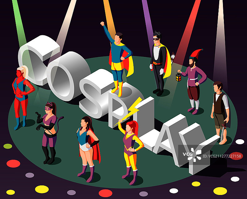2.5D人物组合：人们身着戏服参加Cosplay聚会，背景为彩色聚光灯3D矢量插画图片素材