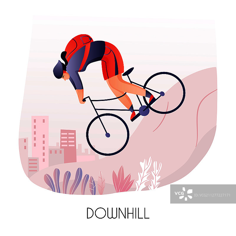 在城市背景下骑自行车下坡的背包年轻男人矢量插画图片素材