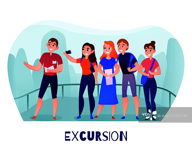 夏季户外旅行中观景台上的旅行者和导游矢量图图片素材