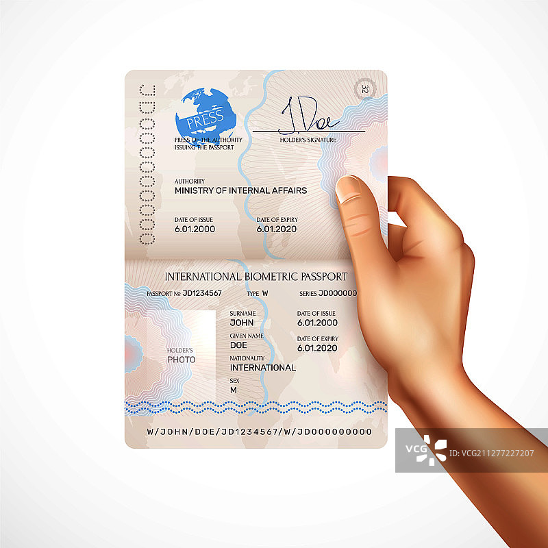 手持国际生物识别护照模型矢量图图片素材