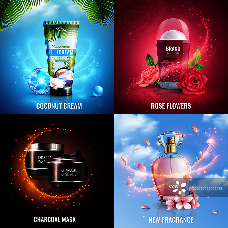 椰子霜、玫瑰花、木炭面膜和新款香水方形图标化妆品设计概念，逼真矢量图图片素材