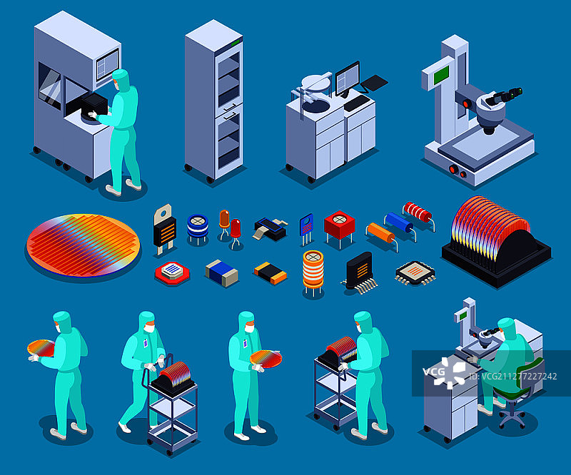 具有技术和科学符号的半导体生产图标集2.5D矢量图图片素材