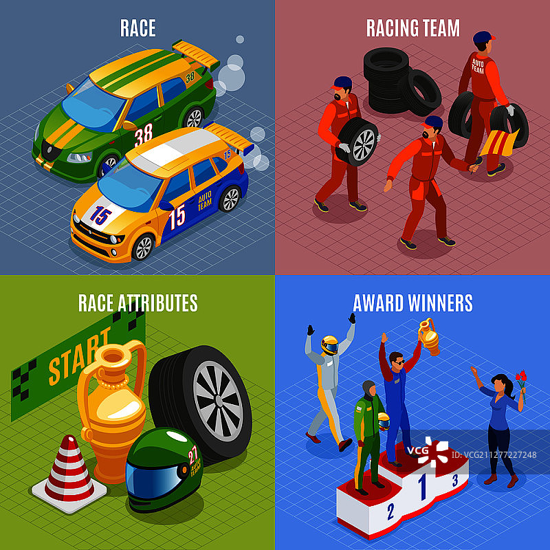包含赛车队和获奖者符号的赛车运动概念等距图标集矢量图图片素材